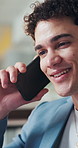 Phone call, talking and business man in office for financial deal, negotiation or offer. Mobile, happy wealth consultant and speakign to contact for investment advice, networking and smile at work