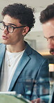 Tablet, meeting and glass with business men in office for brainstorming, support and discussion. Mindmap, partnership and research with people in agency for problem solving, project and collaboration