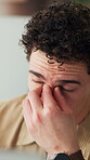 Headache, eye strain or man in office with burnout from online article, blog report or editing. Tired journalist, migraine or fatigue in media publication with glasses, news story or project deadline