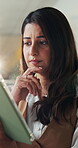 Thinking, tablet and reading with business woman in office for press release, reflection and review. Vision, online news report and research with person in agency for email feedback and fact check