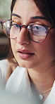 Data, glasses and information with business woman in financial workplace for review of statistics. Eyewear, finance and reflection with employee person reading charts or graphs in office for report