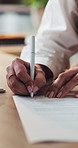 Business, signature and woman in office, documents and contract for agreement, recruitment and deal. Closeup, person and candidate with paperwork, job application and info with registration or policy