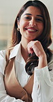 Face, business and woman with smile in office for career pride, about us and media reporter. Portrait, female journalist and confident with ambition, magazine editor and creative opportunity for news