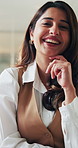 Happy, business and woman with face in office for career pride, about us and media reporter. Portrait, journalist and laughing with confidence, magazine editor and creative opportunity for funny news