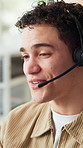 Call center consultant, speaking and man in office for trip reservation, booking holiday or smile. Talk, travel agent and headset for customer support guide, itinerary info or destination advice