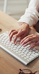 Business, hands and woman typing on computer for compliance report, email or review info above. Office, top view and consultant writing on keyboard for policy development, research and summary