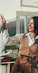 High five, night or people in office with notebook, positive feedback or support for report. Happy, tablet or employee in agency with hands together, collaboration or achievement in overtime deadline