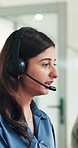 Call center, consultation and woman in office, talking and customer service with system solution. Person, consultant or employee in workplace, conversation and help desk with headset or communication