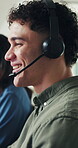 Call center, smile and talking with business man in office for customer service, consultant and contact us. Help desk, virtual advisor and discussion with employee in agency for communication agent