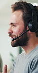 Communication, feedback and support with man in call center for assistance, contact us or virtual help. Conversation, customer service and headset with happy person in coworking office for consulting