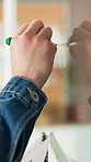 Hand, whiteboard and teacher writing in classroom for education, teaching and tutoring for work. Marker, notes and lecturer with university presentation for information with studying at campus.
