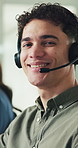 Face, call center and happy man in office for telemarketing, lead generation or insurance consultant. Portrait, headset and confident sales agent for policy premium, outbound service and coworking