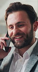 Businessman, smile or talk in office with phone call for b2b negotiation, investment opportunity or chat. Conversation, employee or speaking in workplace with tech for contact, growth or development.