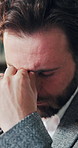 Frustrated, businessman and stress with headache in office for mistake, overworked or anxiety. Tired man, employee or migraine with pain or strain for deadline, pressure or fatigue in workplace