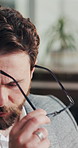 Glasses, business man and headache in office with vision fatigue, workload pressure and eye strain. Stress, computer and employee at workplace with tension migraine, corporate mistake and overworked
