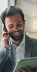 Happy, businessman or phone call in office with tablet for client negotiation, investment or opportunity. Employee, smile or b2b networking in workplace with tech for contact, development and bokeh.