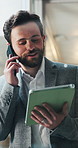 Businessman, phone call or negotiation with tablet for company proposal or investment in office. Man, broker or financial advisor talking with mobile smartphone or technology for online advice or app