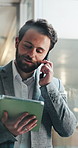 Businessman, tablet or talk in office with phone call for b2b negotiation, investment and opportunity. Employee, conversation and networking in workplace with tech for contact, growth or development.