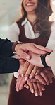 Hands stack, smile or people in office with flare, good news or positive feedback in teamwork. Business, happiness or employees in workplace with support, collaboration or achievement in synergy.
