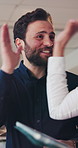 High five, tablet and man with people in office for online project, business research and discussion. Collaboration, meeting and workers on digital tech for website review, partnership and teamwork