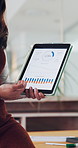 Business, tablet screen and woman with charts, presentation and financial agency. Person, investor and employee in office, tech and economy growth with graphs for revenue and research for trading