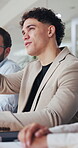 Business, man and meeting with questions in office for training, career development and feedback. Person, employees and speaker attention for corporate convention, learning session and tradeshow vote