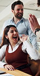 Woman, high five and team at office with success, applause or goals at startup media company. People, journalist and support for achievement, motivation or fist pump with clapping at creative agency