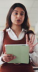 Conversation, feedback and tablet with business woman in office to explain idea or vision. App, development and talking with Indian employee in agency workplace for coaching, review or strategy