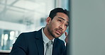 Stress, computer and business man with headache for finance deadline, auditing crisis and burnout. Discomfort, accountant and tech with migraine in office for payroll mistake, overworked or brain fog