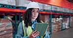 Logistics, inspection and woman with tablet in warehouse to monitor inventory, track shipment or WMS. Supply chain, supervisor and digital tech for cargo quality control, stock management and export