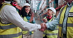 Logistics, people or shaking hands with applause in warehouse for partnership, B2B or integration. Celebration, courier or shipping company with handshake for cargo handling offer or export agreement