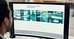 Man, computer screen and research for stock market at office, back or review for company website. Person, broker and financial advisor with homepage ui, investing and trading exchange at agency