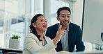 Woman, man and smile with computer, team and point for solution, review and wealth management at company. Business people, partner and excited at pc, happy or revenue announcement at investing agency