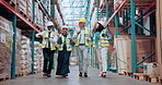 Logistics, people and happy with dancing in warehouse for sales target, team building or celebration. Supply chain, management staff or movement for distribution success, shipping clearance or energy