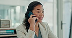 Phone call, computer and businesswoman in office with communication for investment negotiation. Happy, cellphone and female financial manager on mobile discussion for budget planning in workplace.