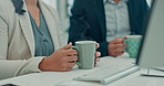 Office, computer and hands with coffee, team and pointing at financial report on web and discussion. Accountants, man and woman with technology for project, tea and collaboration for budget analysis