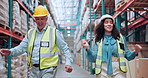 Logistics, team and happy with dancing in warehouse for sales target, good news and fist bump. Supply chain managers, people and spinning in celebration for industry achievement, success and energy
