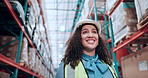 Logistics, woman and smile with inspection in warehouse for supply chain, cargo export and pride. Low angle, distribution supervisor and happy in storage facility for inventory management or shipping