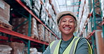 Face, supply chain and woman in factory, smile and confidence with inspection. Storage facility, employee and mature person in warehouse, pride and inventory for export, import distribution or safety