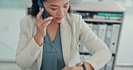 Phone call, computer and businesswoman in office with negotiation on investment proposal. Cellphone, late and financial manager on mobile discussion with time management for project in workplace.