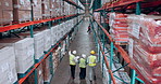 Above, supply chain and people in warehouse, planning and conversation with storage inspection. Group, logistics and employees with safety, distribution or talking with teamwork or organize inventory