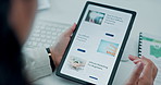 Hands, tablet screen and research for marketing at office with affiliate program, article or tips on web. Person, tech and scroll with app ui, advertising and review for project at creative agency