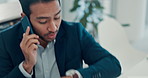 Phone call, networking and businessman in office with negotiation on investment proposal. Cellphone, late and professional male financial manager on mobile discussion for time management in workplace
