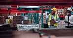 Tablet, supply chain and men in warehouse, conversation and teamwork with quality control. People, distribution and employees in factory, feedback and inspection with logistics, inventory and backlog