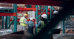 Tablet, supply chain and people in warehouse, back and storage inspection with inventory. Manufacturing, logistics or employees with quality control, distribution or import with export and safety