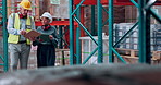Clipboard, worker and manager with tablet in warehouse for inspection, package storage or distribution. Supply chain, quality control or people with checklist, tech or safety compliance for logistics