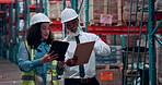 Tablet, distribution and people in warehouse, conversation and feedback for inspection. Employees, man and woman in factory, manufacturing and tech with clipboard, discussion and quality control