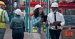 Logistics, worker or manager with tablet in warehouse for inspection, package storage or distribution. Supply chain, quality control or people walk with checklist, tech or employees safety compliance