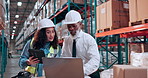 Logistics, people and laptop with tablet in warehouse to track delivery, online order or shipping. Supply chain manager, supervisor and talking with tech for inventory management, export and teamwork