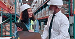 Happy, meeting and people on tablet in warehouse for supply chain, production and planning. Distribution, shipping and woman with supervisor on tech for logistics, inventory and delivery website